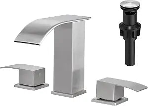 VOTON Waterfall Bathroom Faucets Brushed Nickel, Widespread Bathroom Sink Faucet 3 Hole with Pop-up Drain Assembly, 8 Inch Modern Vanity 2-Handles Faucet