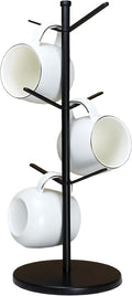 Premium Mug Tree, 6 Hooks Upgraded Stable Metal Mug Holder, Bamboo Base Coffee Mug Cup Rack for Counter Top, Mug Display, Home Storage and Cup Organizer, Black