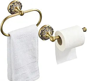 Antique Toilet Paper Holder 2 Pcs Gold Brass Hand Towel Ring Vintage Tissue Roll Set, Wall Mounted Bathroom Paper Hanger Hardware Decor Accessories(Oval)