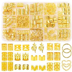 190 Pcs Gold Hair Jewelry for Braids & Dreadlocks - Loc Jewelry with Ring Cuffs, Clips, Charms & Decorations for Men, Women & Girls