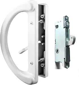 Patio Door Handle Set + Mortise Lock 45 Perfect Replacement for Sliding Glass Door Fits 3-15/16 Screw Hole Spacing, Non-keyed with Latch Locks,White Diecast,Reversible Design(Non-Handed)