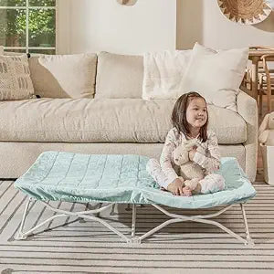 Regalo My Cot Portable Toddler Bed with Fitted Sheet, Foldable Kids Travel Bed & Camping Cot, Includes Washable Quilted Sheet, 48 x 24.5 x 9, Seafoam