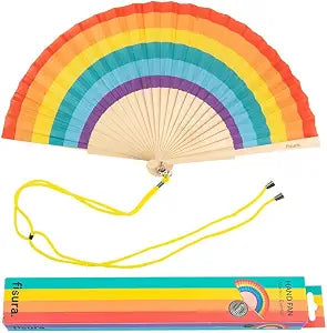 Fisura  Original Rainbow Folding Fan, Wooden Handheld Fan for Women, Colorful Pride Accessory for Party, Wedding, Birthday, Gift or Pride Day Decoration