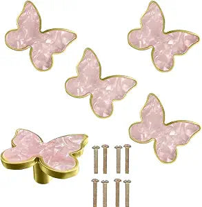 6 pcs Butterfly Shape Knobs Handle Gold Cabinet Knobs Decoration Door Handle Single Hole Handles Cabinet Drawer Dresser Kitchen Wardrobe Furniture Hardware Pulls (Pink)