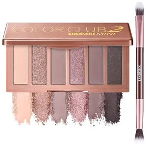 SUSIKEKI Neutral Eyeshadow Palette with Brush, 6-Color Mini Matte and Shimmer Eye Shadow Palette, Rosy Pink Nude Shades, Highly Pigmented Ultra Blendable, Long Lasting for Daily Looks