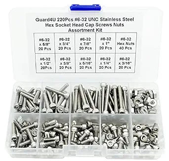 220Pcs #6-32 UNC Stainless Steel Hex Socket Head Cap Screws Nuts Assortment Kit- #6-32x 3/16" 1/4" 5/16" 3/8" 1/2" 5/8" 3/4" 7/8" 1"