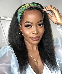 Kinky Straight Headband Wig, Soft & Natural as Human Hair, Glueless Headband Wigs for Black Women, Long Black Italian Yaki Synthetic Half Wig (1B Natural Black, 16 Inch)