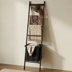 BAMBANG Bamboo Blanket Ladder with Basket, 5-Tier Quilt Rack Stand with 4 Hooks & Storage Hamper for Living Room Bathroom, Wall Leaning Decorative Ladder Shelf for Blankets Display (Brown)