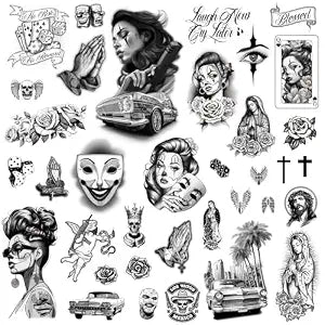 Los Vatos Chicano Vol. II - Cholo and Chola Temporary Tattoos For Men Women, Payasa, Lowrider, Virgin Mary, Prayer, Cross, Chicana, Gangster, Fake Tattoo, Dï¿½ï¿½a de Muertos, Tatuajes Tempor