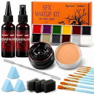 Depvision SFX Makeup Kit Halloween Makeup Set Professional Face Body Paint Special Effects Makeup Set with Fake Blood Scar Wax Oil Body Paint Sponges Brushes for Halloween Party SFX Cosplay