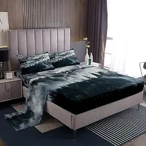Smoky Mountain Bed Sheets Pineforest Sheet Set Twin Grey Trees Natural Scenery Art Bed Sheet Mountain with Firforest and Arrow Folk Style Retro Print Decorative Bedding Sheets & Pillowcases,Soft