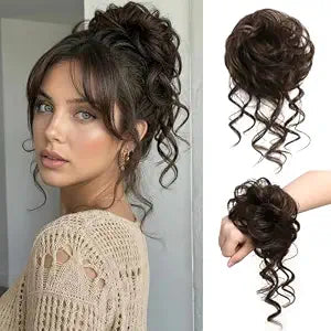Human Hair Messy Bun Hair Piece Curly Scrunchie Tousled Updo Chignon Ponytail Extensions for Women, Natural Real Buns Hairpieces Scrunchies Pieces with Tendrils, Dark Brown 33g