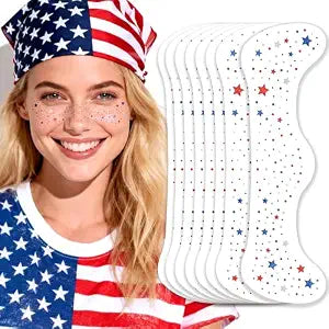 4th of July Red White Blue Glitter Freckles Face Tattoos, Patriotic Star Face Tattoo, July 4th Accessories for Women, Independence Day USA Face Sparkles Makeup, 8 PCS