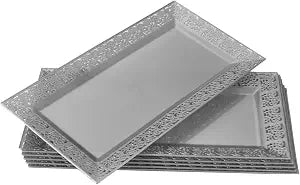 SILVER SPOONS Elegant Lace Plastic Serving Trays (6 PC), Disposable Plastic Trays and Platters for Party - 14 x 7.5, Serves Snacks, Desserts, Sweets, Perfect for Upscale Wedding, and Dining - Silver