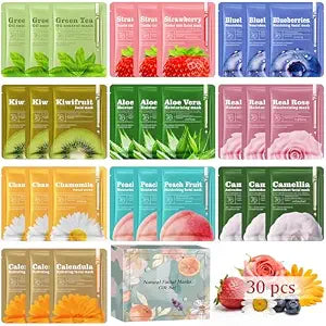 Aottom 30pcs Face Masks Skincare, Bulk Facial Masks for Women Skin Care, Sheet Masks with Natural Ingredients, Gifts Set for Face Spa, Birthday Party Spa Gift