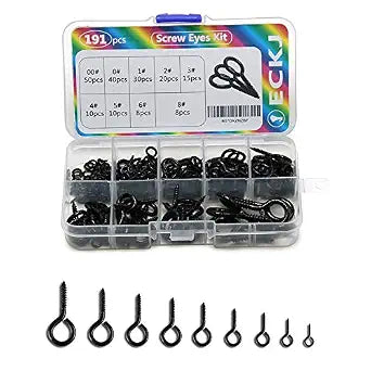 191pcs Screw Eyes Zinc Plated Metal Eye Hook Screw Self Tapping Screws Includes 9 Sizes Color Black