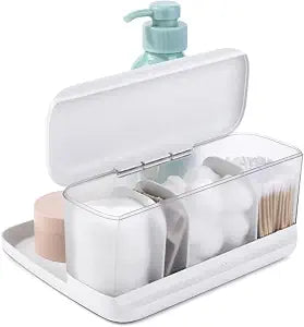 YouCopia HideAway Counter Caddy, Bathroom Vanity Countertop Organizer Tray with Adjustable Dividers and Lid
