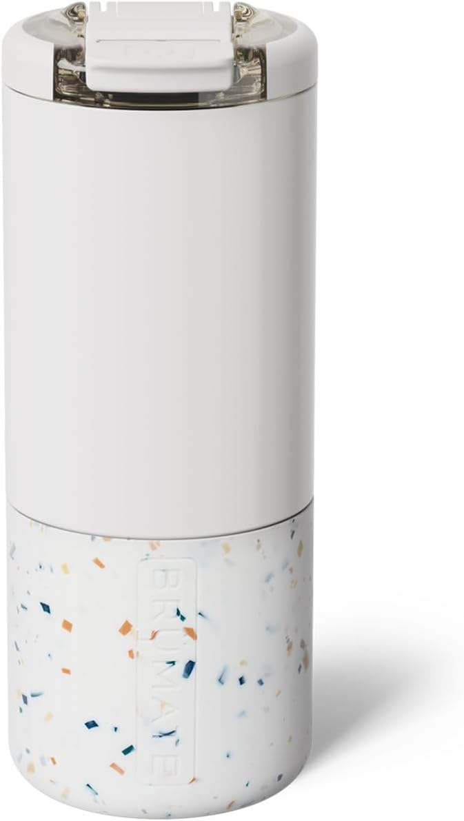BrueMate Strova 18oz 100% Leakproof Insulated Coffee Mug | Ceramic-Lined Interior | Built-In Silicone Sleeve for Travel | Locking Flip Lid (Terrazzo)