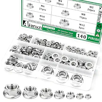 140PCS Hex Flange Nuts Assortment, 304 SS, 7 Metric Sizes M3-M12