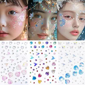 Mermaid Face Gems Glitter Tattoo for Women Kids