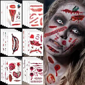 50 Sheets Halloween Scar Tattoos Temporary, 360PCS Realistic Fake Scars and Blood Wound Tattoos, Skin-Friendly & Waterproof Scar Stickers, Halloween Zombie Makeup Kit for Party Vampire Cosplay