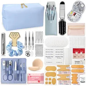 ARK Survivor Women's Wedding Emergency Travel Kit 45 Essential Items for Brides Bridesmaid All-In-One Daily Beauty Style Set With Makeup Brushes (Soft Blue)