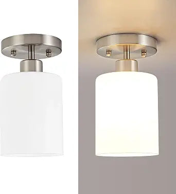 Brushed Nickel Hallway Light Fixtures Ceiling 1-Light Semi Flush Mount Ceiling Light Nickel Kitchen Ceiling Lights Small Light Fixtures Ceiling with Milky White Glass Shade for Hallway Kitchen Bedroom