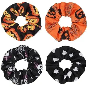 4pcs Halloween Hair Scrunchies Elastics Hair Ties Pumpkin Ghost Skeleton Spider Web Bats Hair Accessories for Women Ponytail Holder Hair Band Ropes