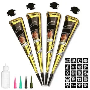 Black Tattoo Cones, 4Pcs Black Temporary Tattoo Kit, 100% Natural Ready to Use Tattoo Paste, India Body DIY Art Painting for Women Men Teens with 20 Adhesive Stencils, 1 Bottle, 4Nozzles