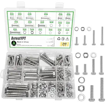 248Pcs M6 M8 M10 Screw Set Metric Bolt Assortment 304 Stainless Steel Nuts and Bolts Set Flat & Spring Washers Hex Head Cap Screws Bolts and Nuts Kit Includes 10 Common Sizes Fully Thread