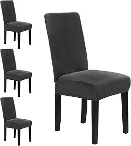 MOSAYT Velvet Stretch Chair Covers for Dining Room Set of 4 - Soft Slipcovers with Thick Removable Fabric for Parsons Chairs, Washable Seat Protectors for Kitchen, Banquet & Home Decor, Dark Grey