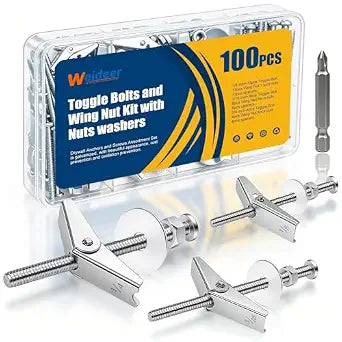 weideer 100Pcs Toggle Bolts 1/8" 3/16" 1/4" Heavy Duty Drywall Anchors and Screws Assortment Set Toggle Bolts and Wing Nut Kit with Nuts washers (25sets) K-136