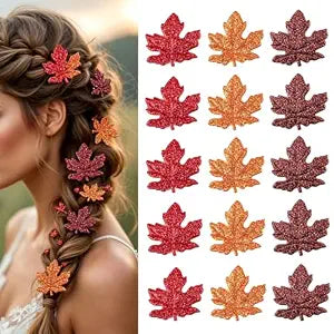 15Pcs Fall Maple Leaf Hair Clips Glitter Maple Leaf Hairpin Gold Red Brown Autumn Leaves Alligator Clips Hair Barrettes for Women Thanksgiving Festival Sparkle Hair Accessories
