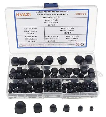 200PCS 6 Sizes Metric M3-M10 Black Nylon Acorn Hex Cap Nuts Kit