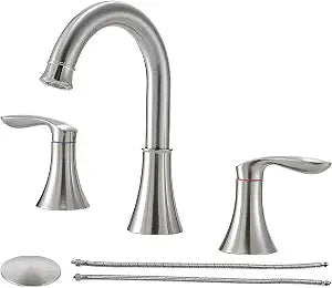 Friho 8 Inch Widespread 3 Hole Bathroom Faucet, Brushed Nickel Lead-Free 2-Handle Vanity Faucet with Swivel Spout, Pop-up Drain & Supply Hoses
