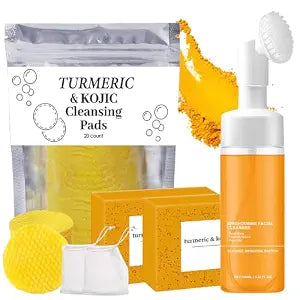 4Pcs Turmeric Wash and Care Three Piece Set,Turmeric Trio: Facial Wash,Cleansing Mousse & Soap for Skin Care,Turmeric Cleansing Exfoliating Pads,Turmeric Face Wash for Face & Body
