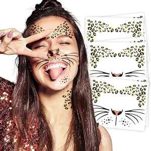 Kotbs Leopard Face Temporary Tattoos, 6-Pack Nose Whiskers Halloween Kit