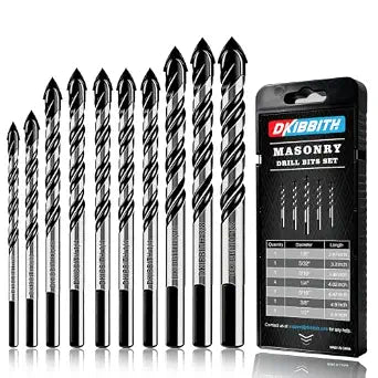 10-Piece Masonry Drill Bit Set for Concrete Tile Glass Ceramic Brick,1/8 to 1/2 Inch Drilling Bits with Triangle Handle,Tungsten Steel Alloy Tip.Black