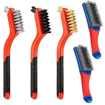 5PCS Wire Brush Set  2 Heavy-Duty Steel Brushes with Rubber Handle & 3 Brass/Nylon/Stainless Steel Bristle Brushes for Rust, Paint & Grill Cleaning