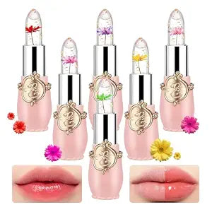 6PCS Crystal Flower Jelly Lipstick Set,Moisturizing Color Changing Lip Gloss Set,Clear Tinted Magic Lip Stain Moisturizer Gift Set,Waterproof Lip Balm Set,Long Lasting Hydrating Lipgloss for Women