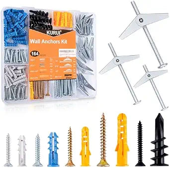 KURUI Drywall Anchors Assortment Kit With Self Drilling Wall Anchors and Heavy Duty Toggle Bolts, Metal/Plastic Dry Wall Anchors for Hanging Picture Art, 164Pcs Butterfly Anchor and Screws for Ceiling