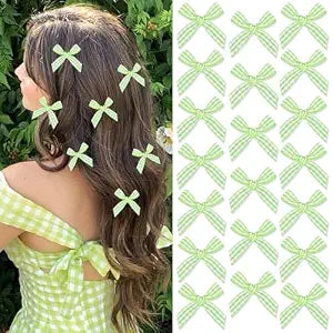 20Pcs Mini Green Hair Bows Small Gingham Craft Bows for Hair Small Bow Hair Clips Cute Christmas Bowknot Hair Ribbons Barrettes Y2K Hair Accessories for Women Teens Girls