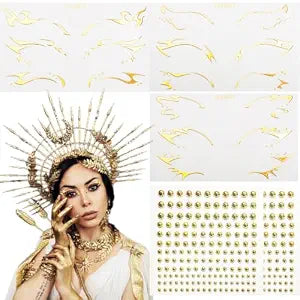 5 Pack Sun Goddess Gold Eyeliner Sticker with Gold Face Gems Sticker Cyber Punk Futuristic Goddess Makeup Set for Women Girls Halloween Cyber Punk Y3K Cosplay Rave Party Accessories