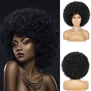 Soft Afro Wigs For Women 70s Black Afro Kinky Curly Hair Wig With Bangs