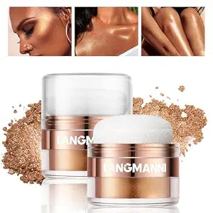HOSAILY Body Glitter Powder, Air Cushion Highlighter for Face, Hair, Eye Brightener, Sparkling Bronze Body Shimmer Patting Powder Smooth Easy-Use Blush Glow Makeup, Golden Brown
