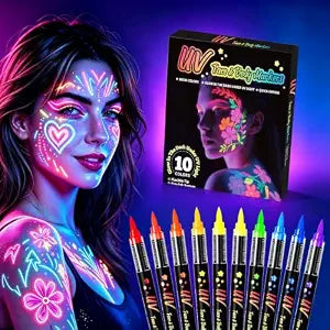10 different colors of glow-in-the-dark body painting paints, UV neon facial painting brushes, glow-in-the-dark facial painting sets, washable skin tattoo pens, Halloween party makeup (10 colors)