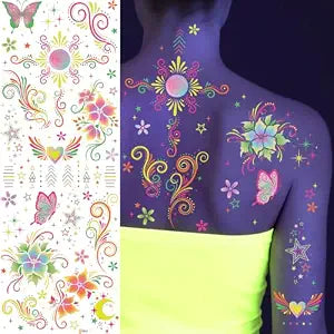 xo, Fetti Fluorescent Rave Tattoos - 4 Temporary Tattoo Sheets | Glow in the Dark UV Neon Blacklight Reactive, Rave Party, EDM Festival, Neon, Fluorescent, Glow Party