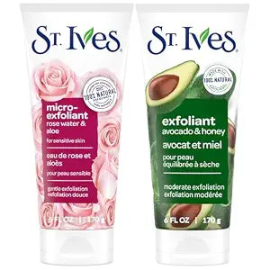 St. Ives Face Scrub, Exfoliant Variety 2-Pack – Avocado & Honey + Rose Water & Aloe Vera Microexfoliant for Balanced, Dry & Sensitive Skin