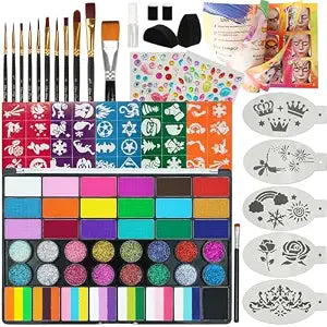 42 Color Face Painting Kit for Kids - Non Toxic Water Activated Face Paint Palette with Stencils, Brushes, Gems & Book. For Halloween, Carnival Party; Costume Makeup; Birthday Parties & Festivals