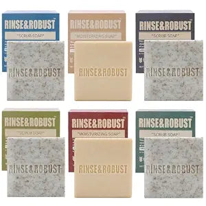Rinse & Robust Mens Natural Bar Soap 6Pcs Handmade Cleansing Moisturizing&Exfoliating Scrub Soap Set Gifts for Men Body&Hand All Skin Type 6 Different Scents 5.3 oz of 6 Bars